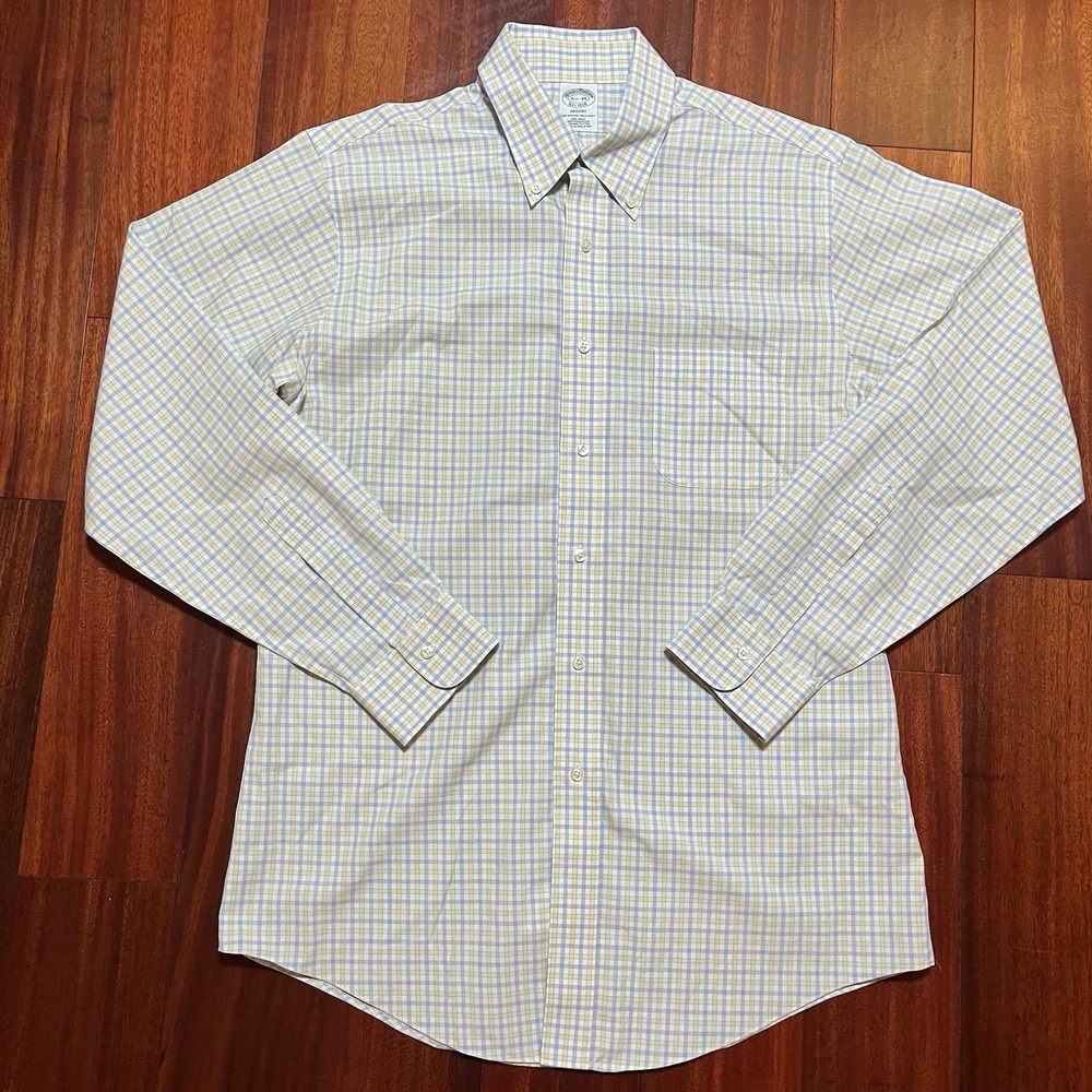 Brooks Brothers Shirt Mens 15.5 34 Yellow Blue Plaid Check Regent 1818 Non Iron